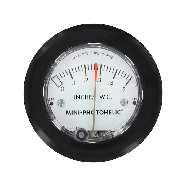 Differential pressure switch/gage, range 0-500 Pa.